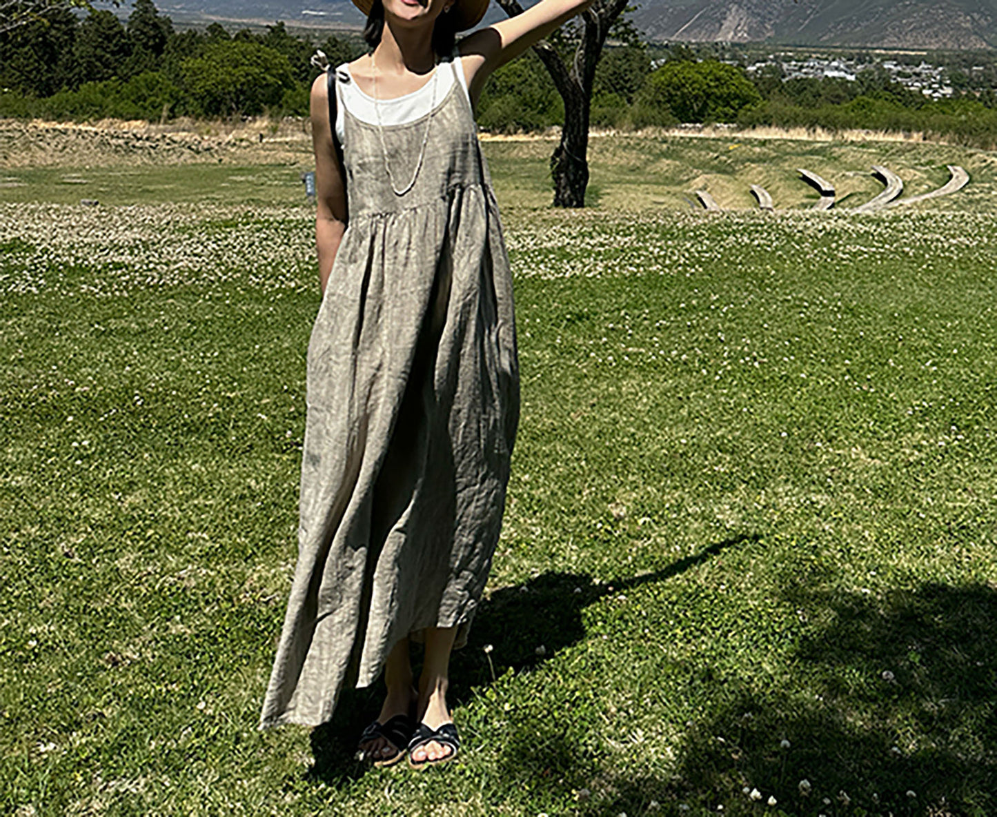 edoa Tie Dyed Linen Pinafore Dress 