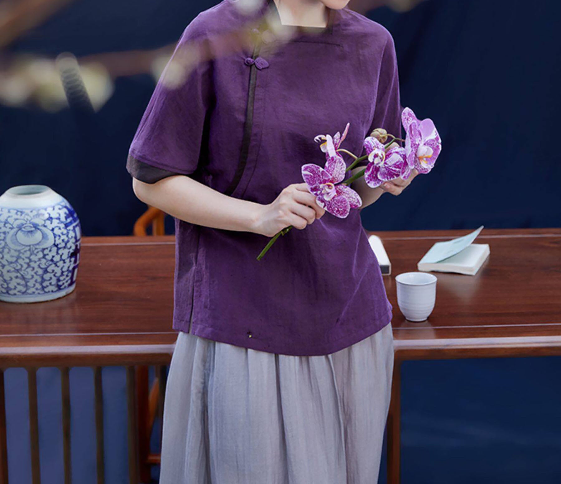 edoa Purple Cracked Mud Silk Chinese Blouse