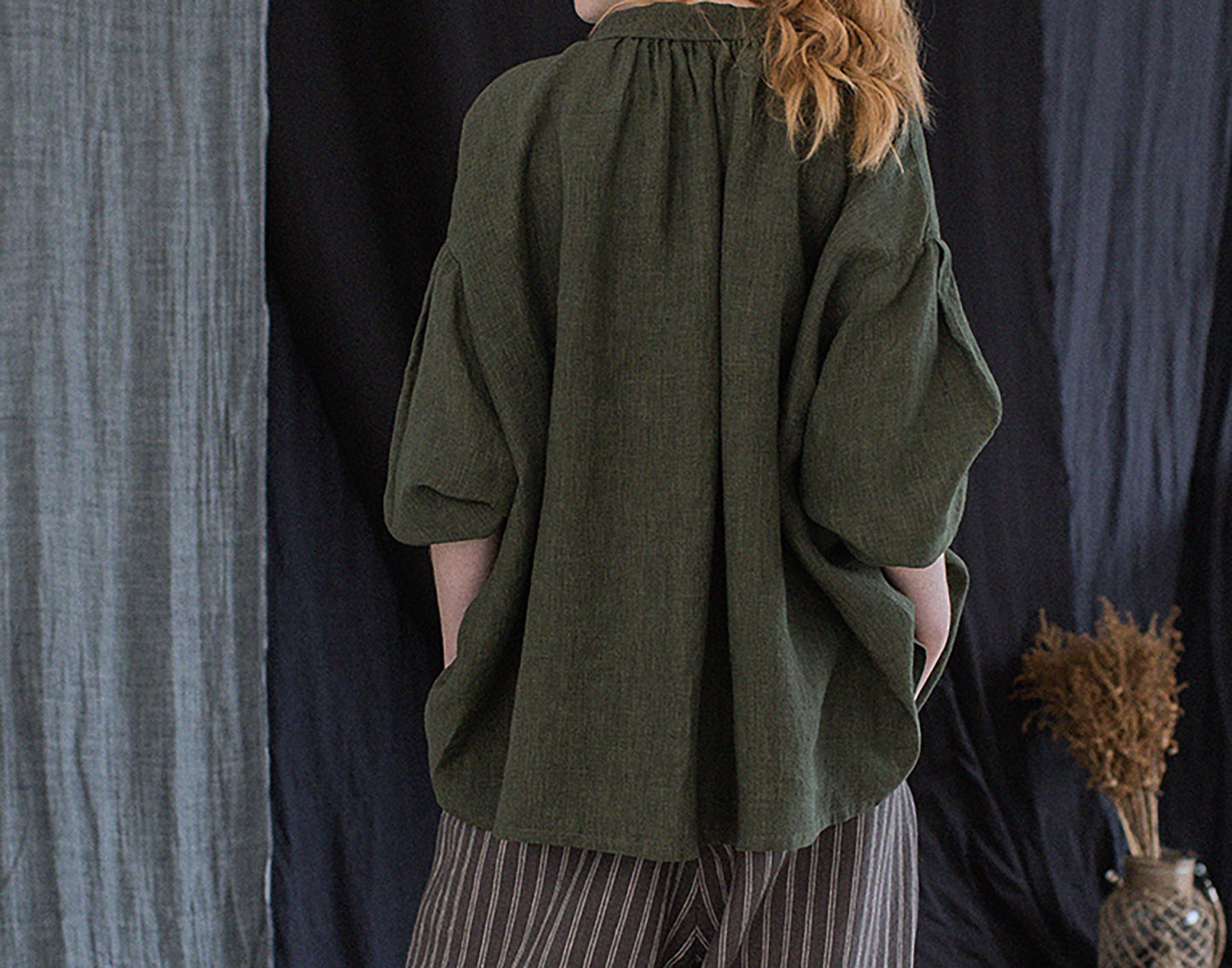 edoa Forest Green Linen Peter Pan Collar Babydoll Shirt