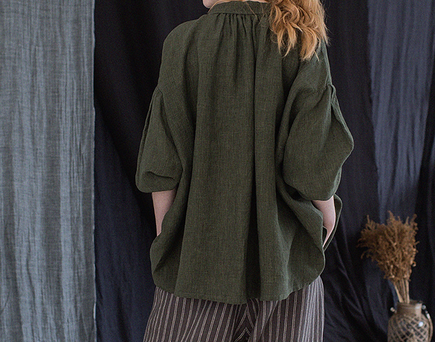 edoa Forest Green Linen Peter Pan Collar Babydoll Shirt