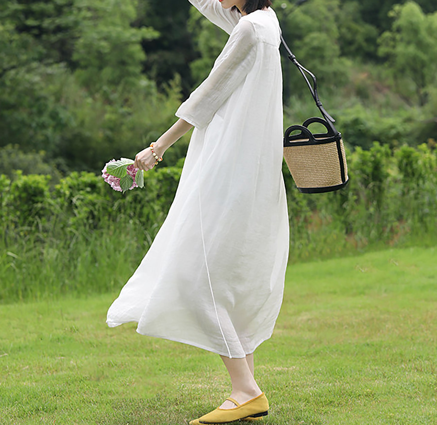 edoa High Counted Ramie Gathered Midi Dress 