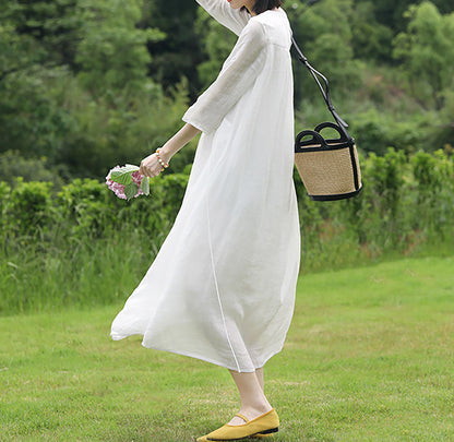 edoa High Counted Ramie Gathered Midi Dress 