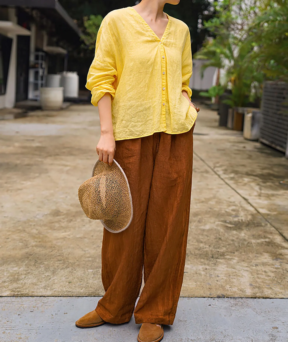 edoa High Counted Linen V-neck Blouse