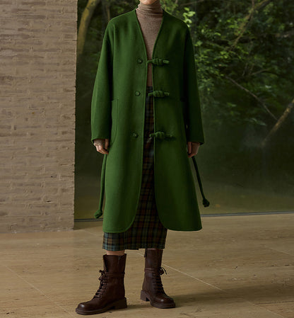 EDOA New Chinese Style Double-faced Wool Long Coat