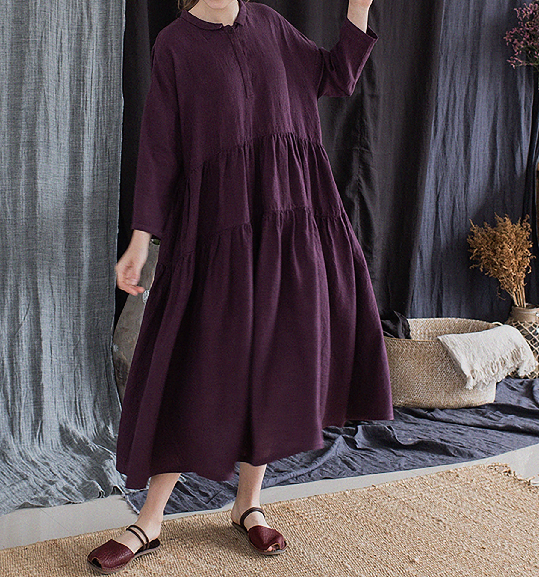 edoa Grape Purple Linen Peter Pan Collar Tiered Dress