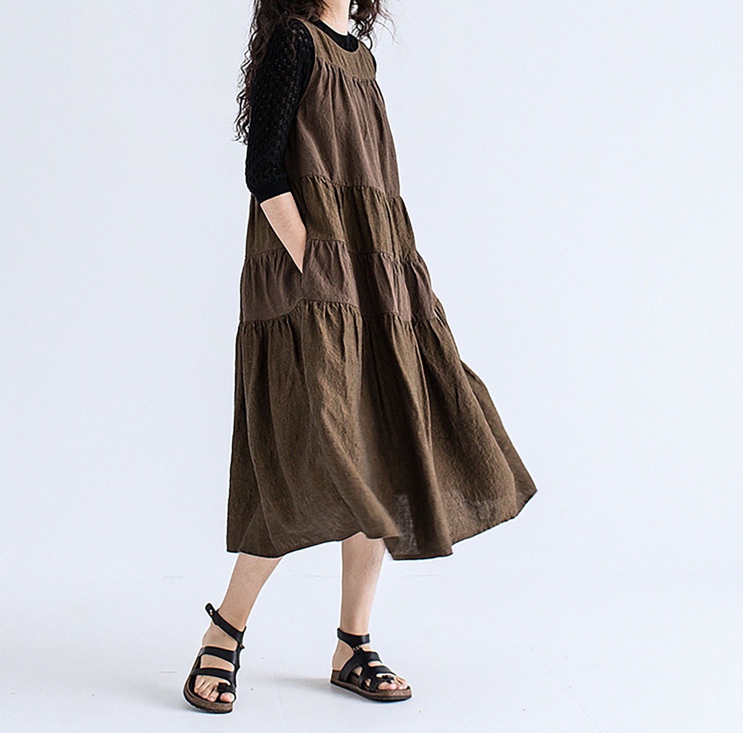 edoa Brown Two-tone Linen Tired Midi Dress