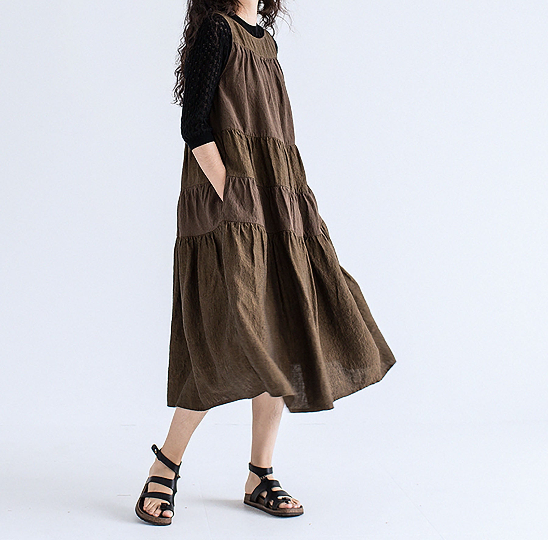 edoa Brown Two-tone Linen Tired Midi Dress