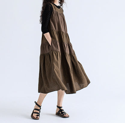 edoa Brown Two-tone Linen Tired Midi Dress