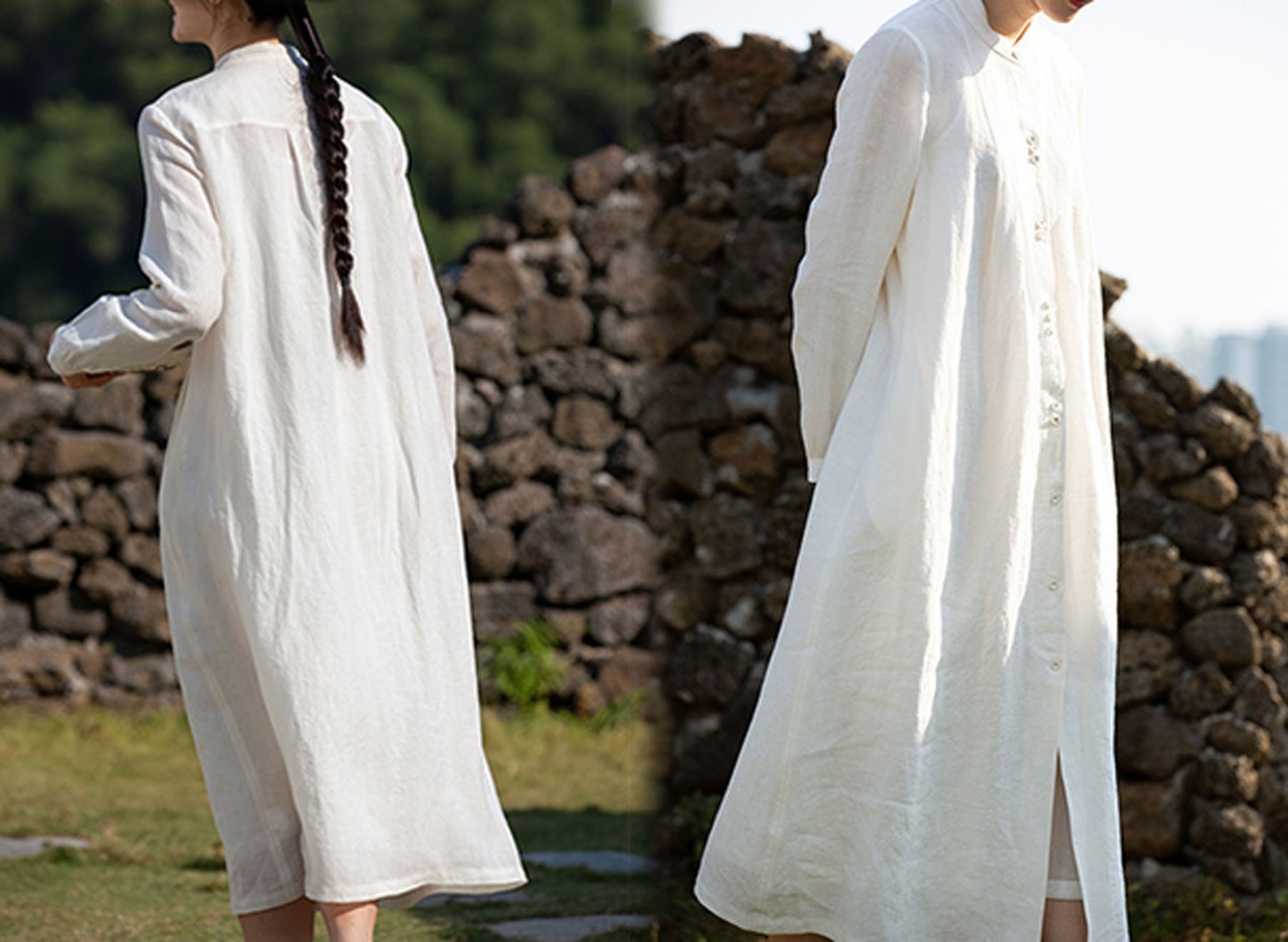 edoa Long Sleeve Pleated Linen Shirtdress