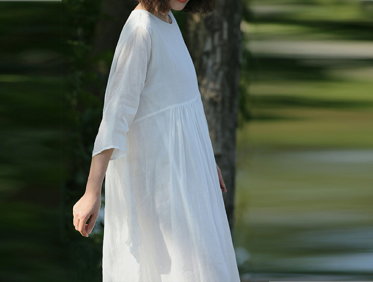 edoa White High Counted Ramie Maxi Dress