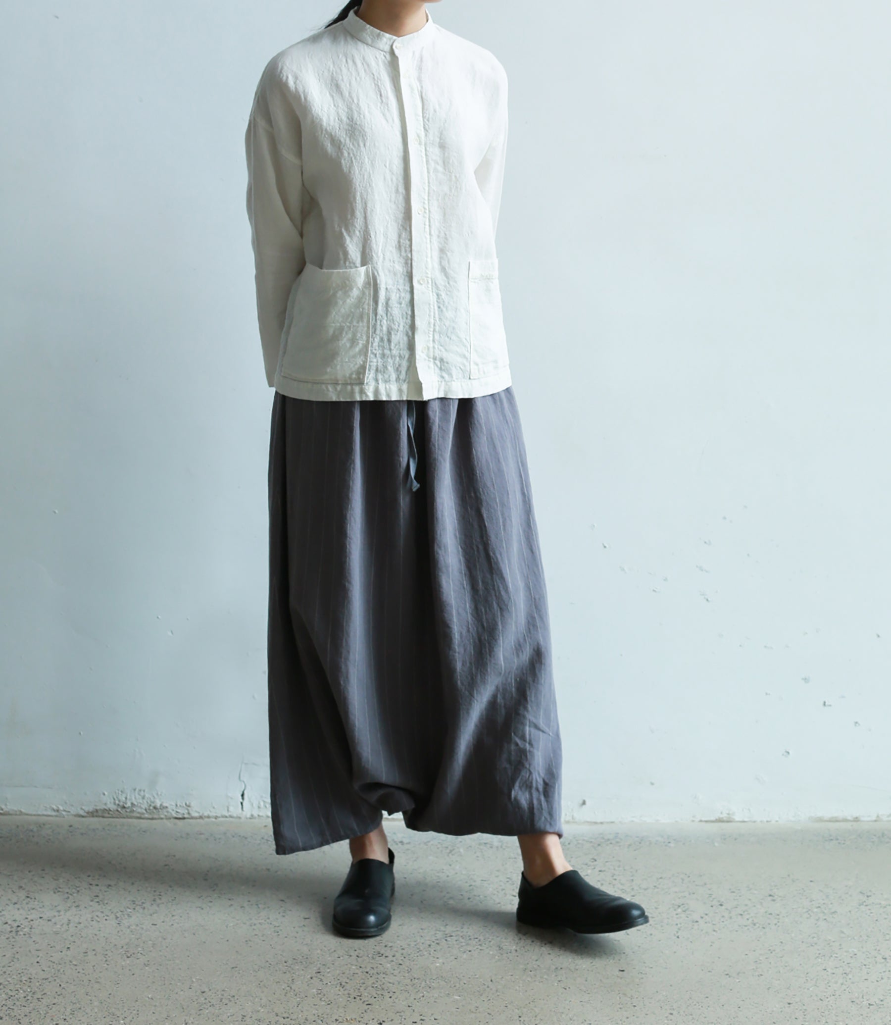 edoa Stand Collar White Loose Linen Shirt