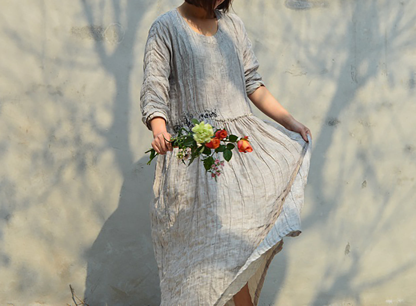 edoa Double Layered Pintucked Yarn dyed Linen Dress
