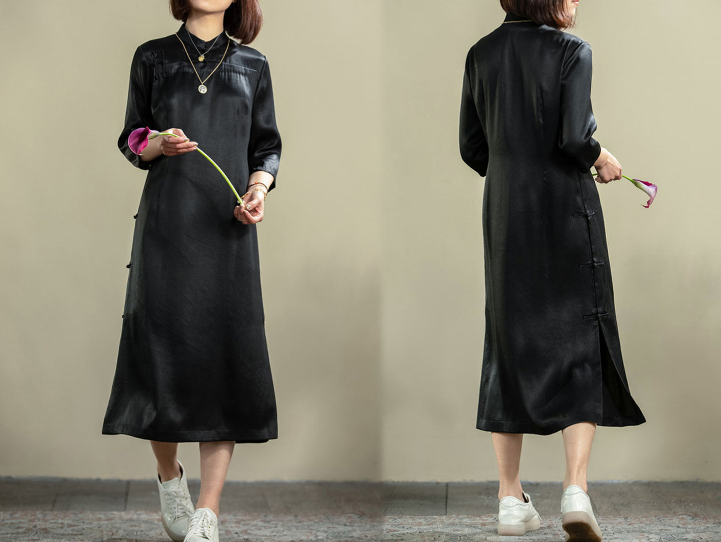 edoa Vintage Mud Silk Satin Qipao Dress