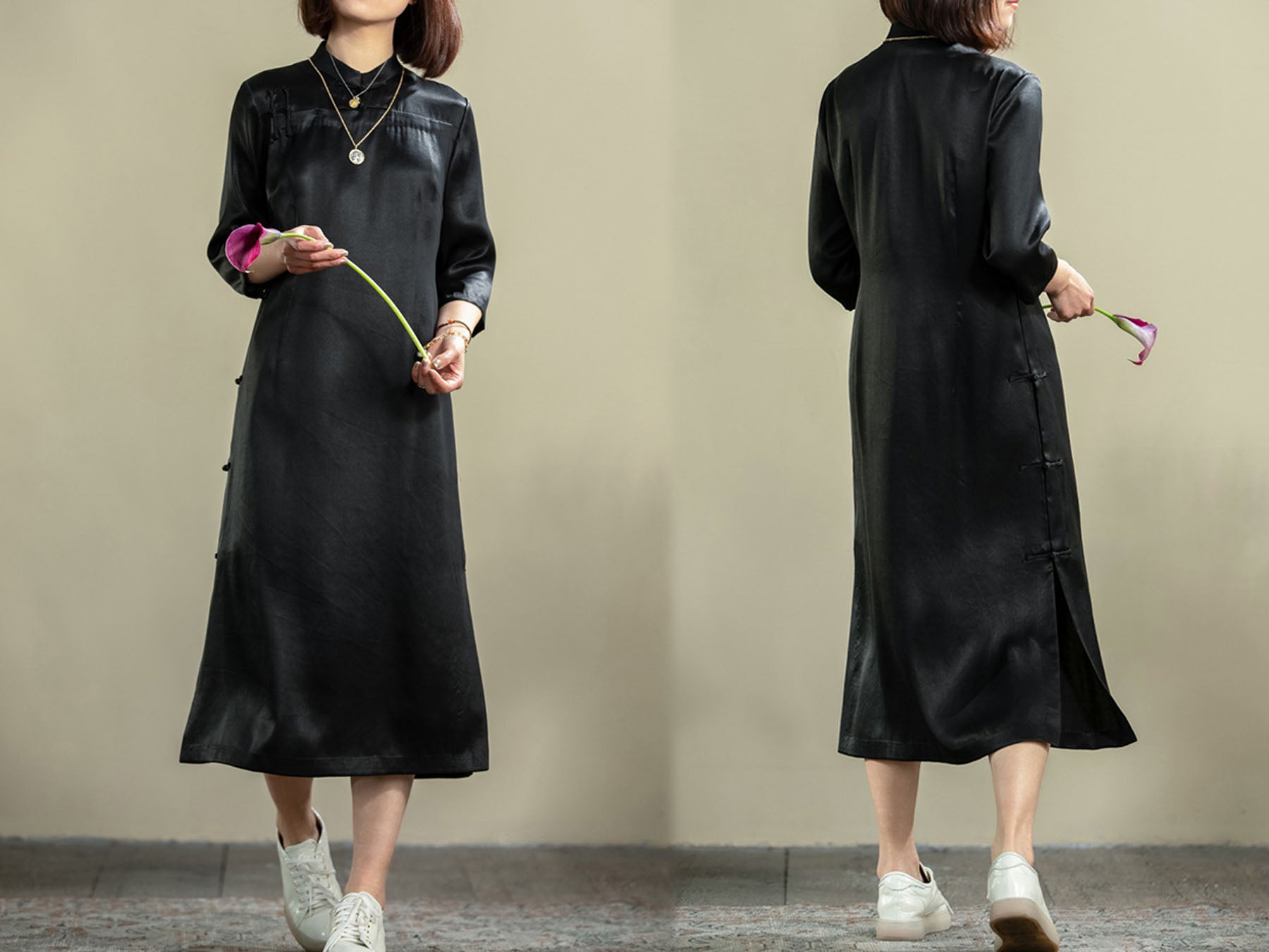 edoa Vintage Mud Silk Satin Qipao Dress