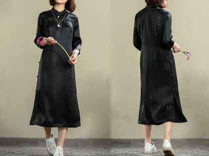 edoa Vintage Mud Silk Satin Qipao Dress