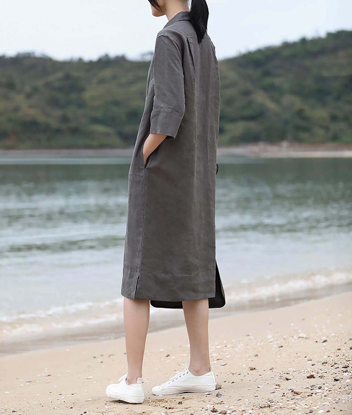 edoa Elegant Linen Midi Shirt Dress 