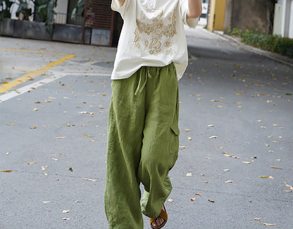 edoa Green Linen Elasticated Drawstring Waist Wide-leg Work Pants