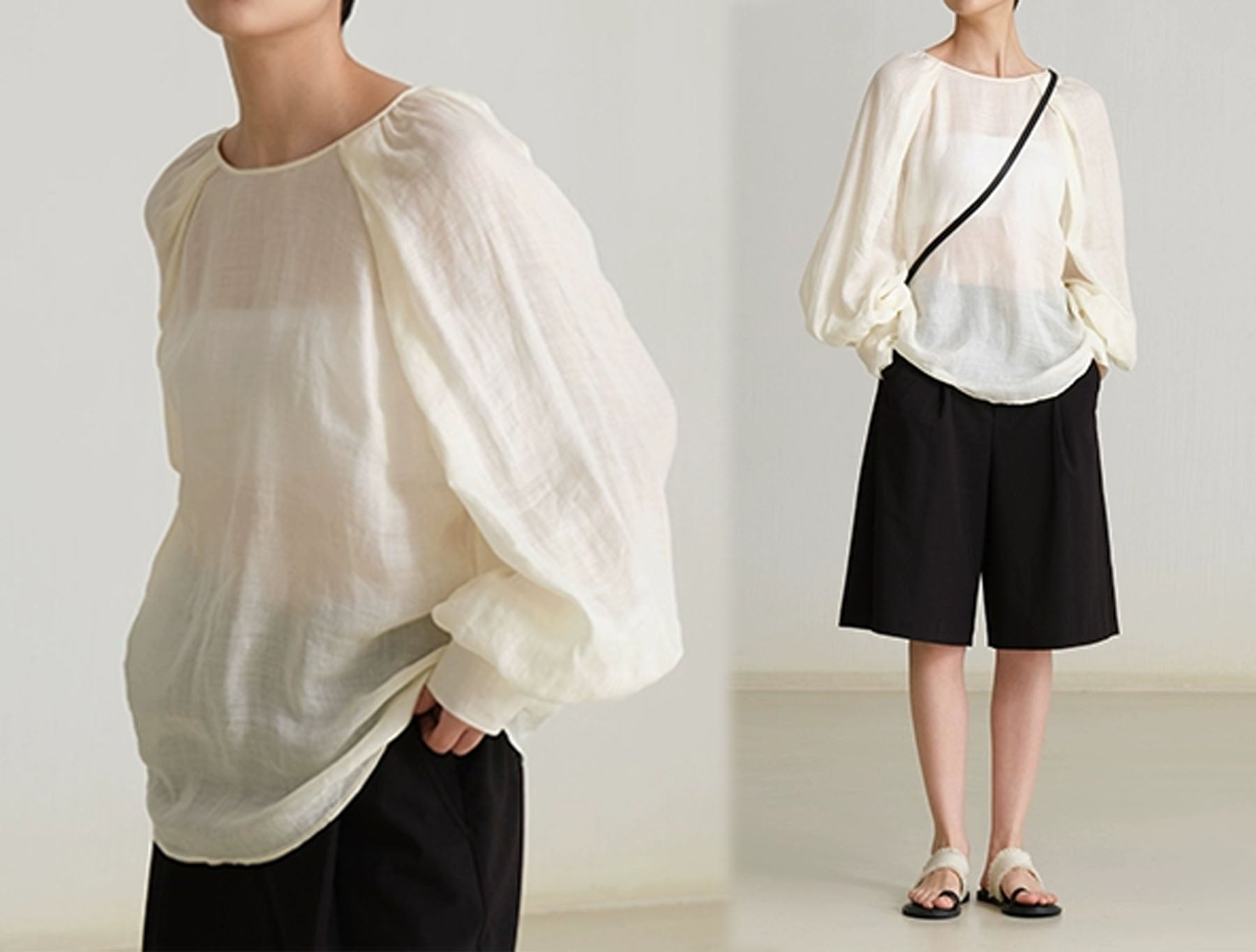 edoa Ramie Pleated Long Lantern Sleeve Blouse
