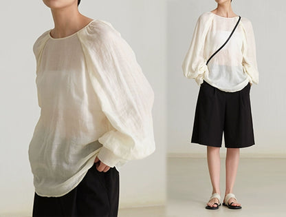 edoa Ramie Pleated Long Lantern Sleeve Blouse