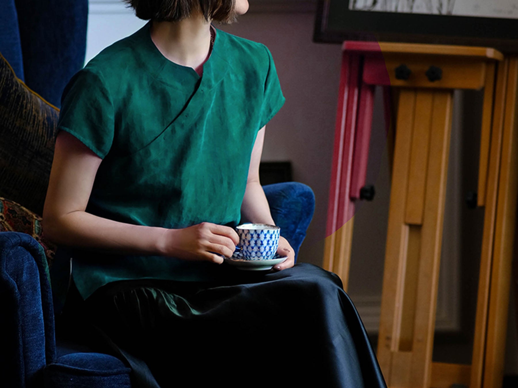 edoa Cracked Mud Silk Chinese Blouse with Wing Slits