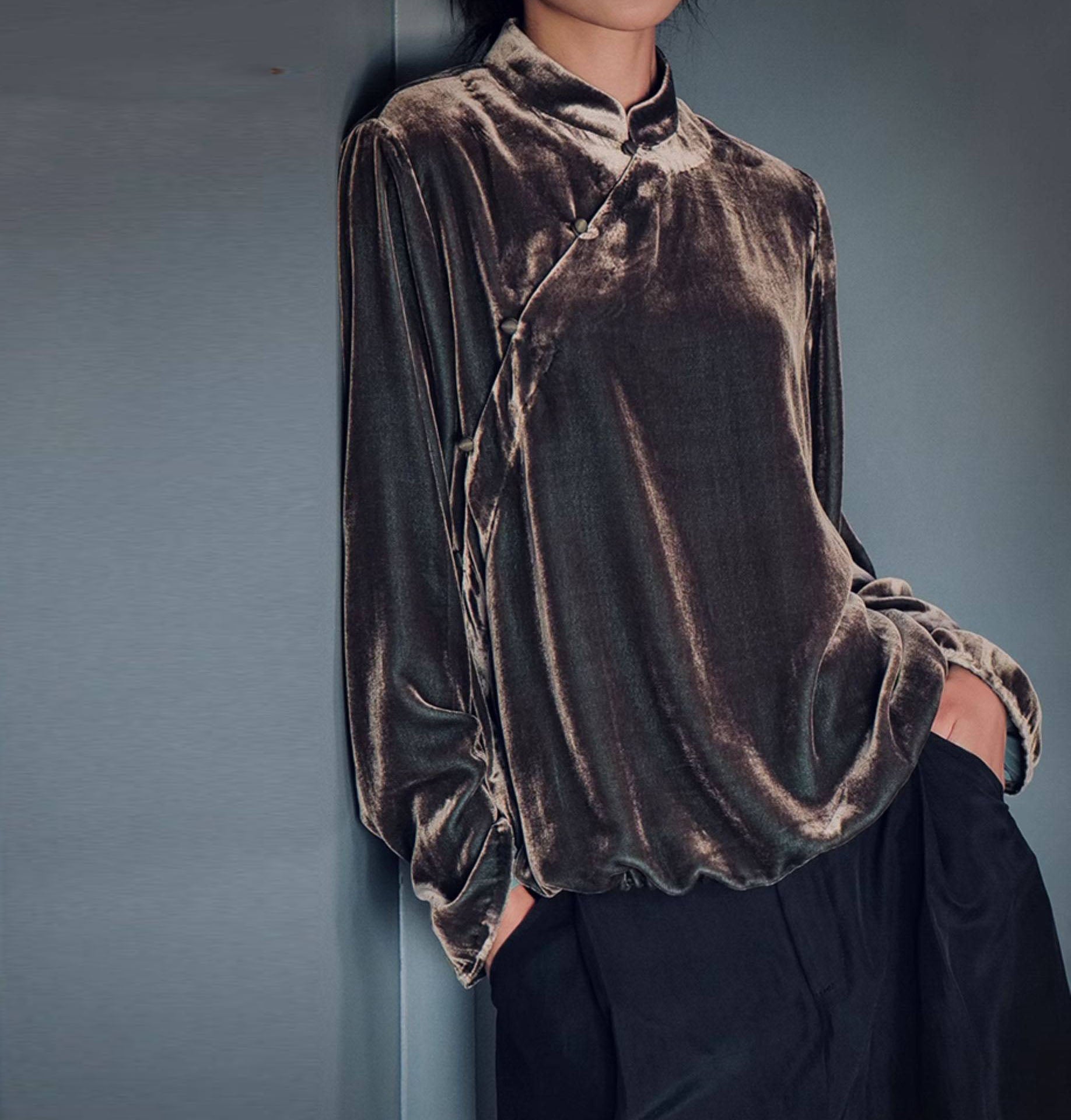 edoa Silk Velvet Chinese Blouse