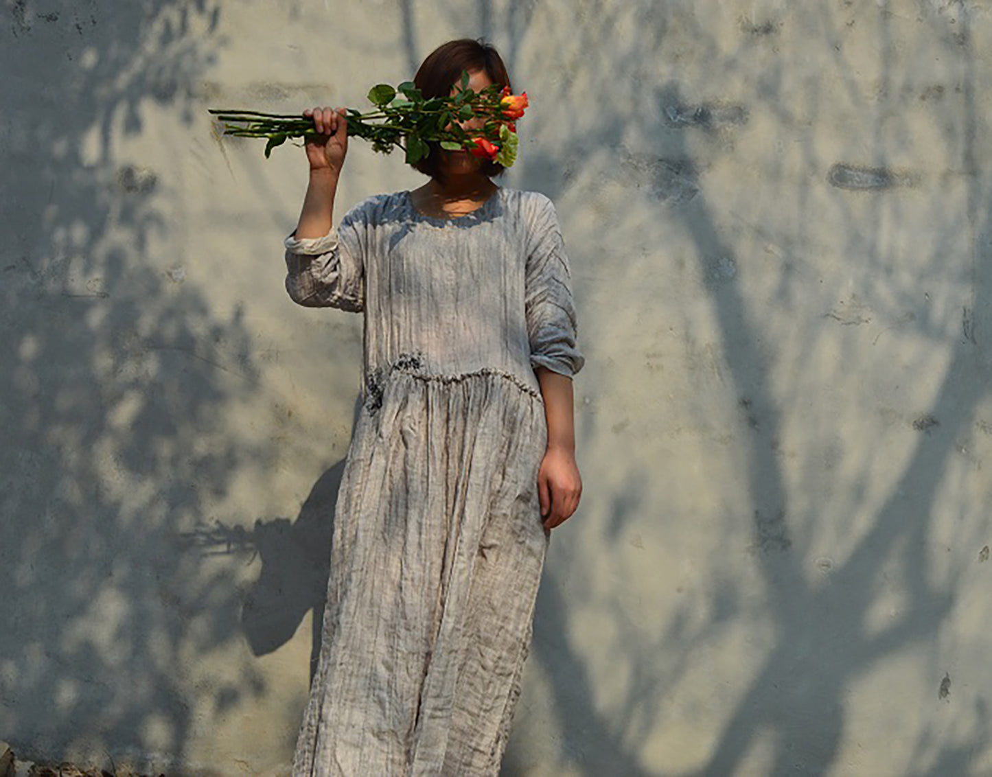 edoa Double Layered Pintucked Yarn dyed Linen Dress