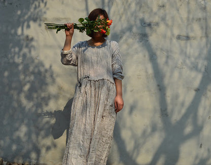 edoa Double Layered Pintucked Yarn dyed Linen Dress