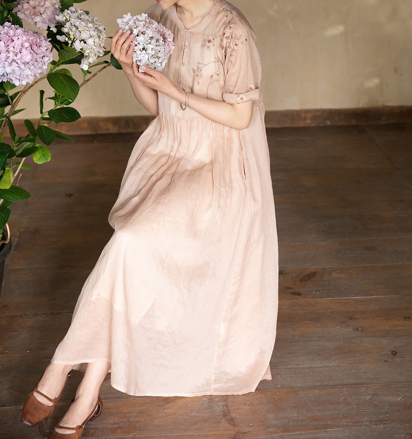 edoa Ramie Chinese Dress with Hand Embroidery