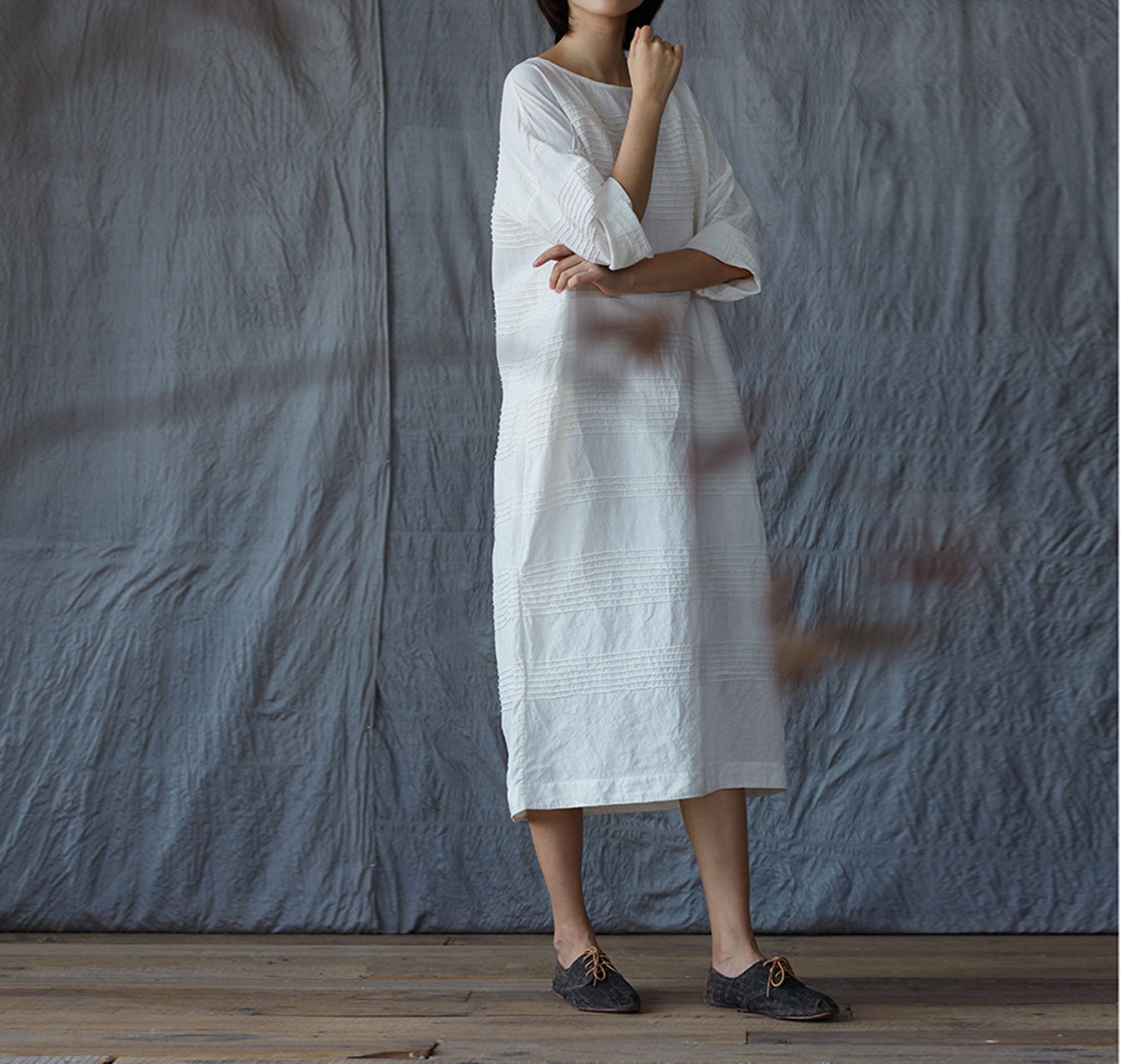 edoa Hand Horizontal Pintucked Cocoon Dress