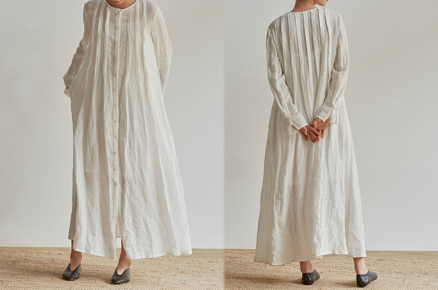 edoa Pleated French Linen 2 Way Maxi Coat Dress