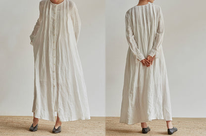 edoa Pleated French Linen 2 Way Maxi Coat Dress