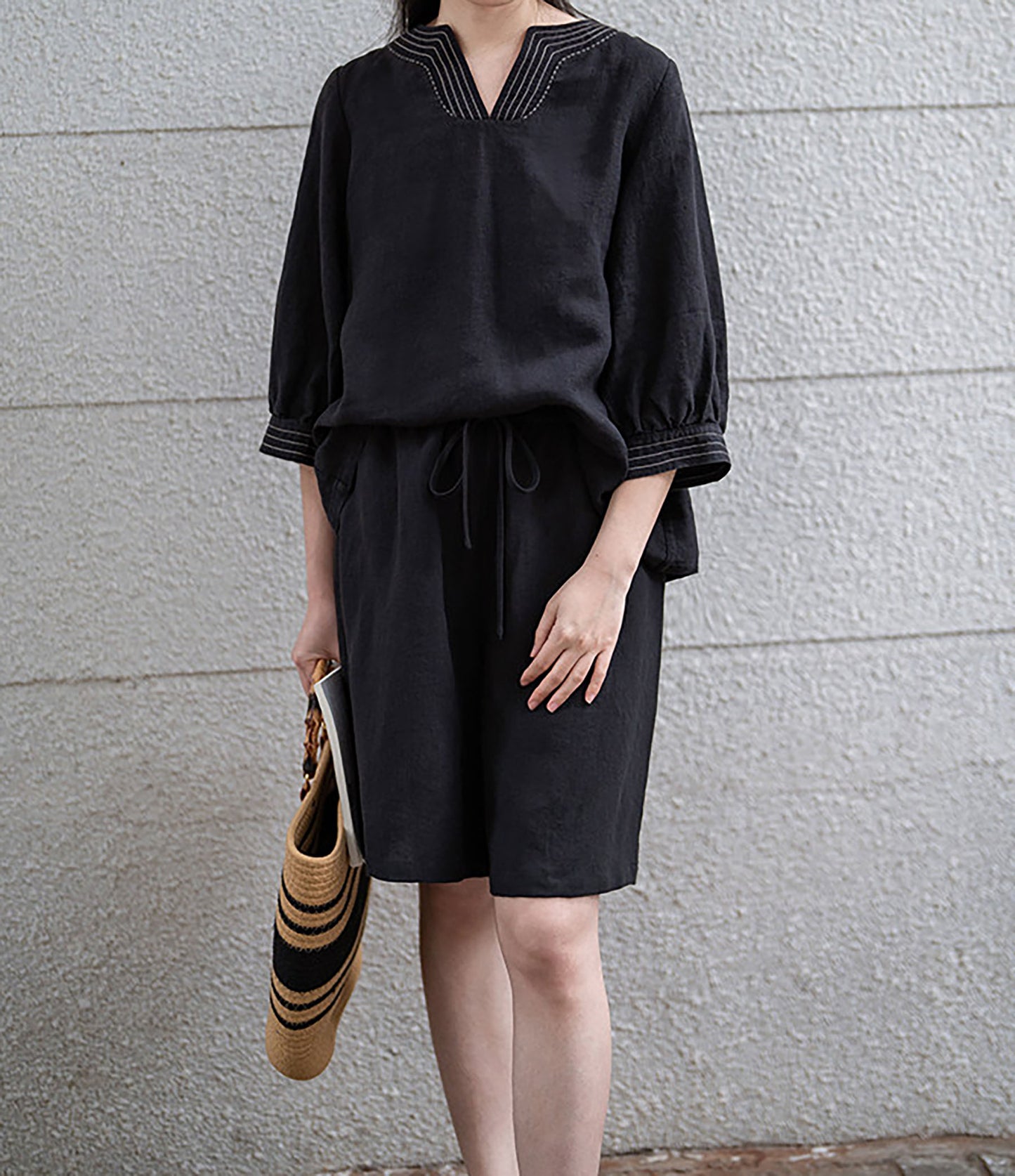 Loose Fitting Black Linen Shorts sr0004 Q713