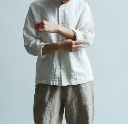 edoa Stand Collar White Loose Linen Shirt