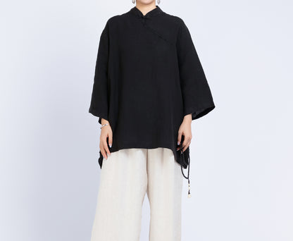 edoa Loose Heavy Weight Linen Retro Blouse