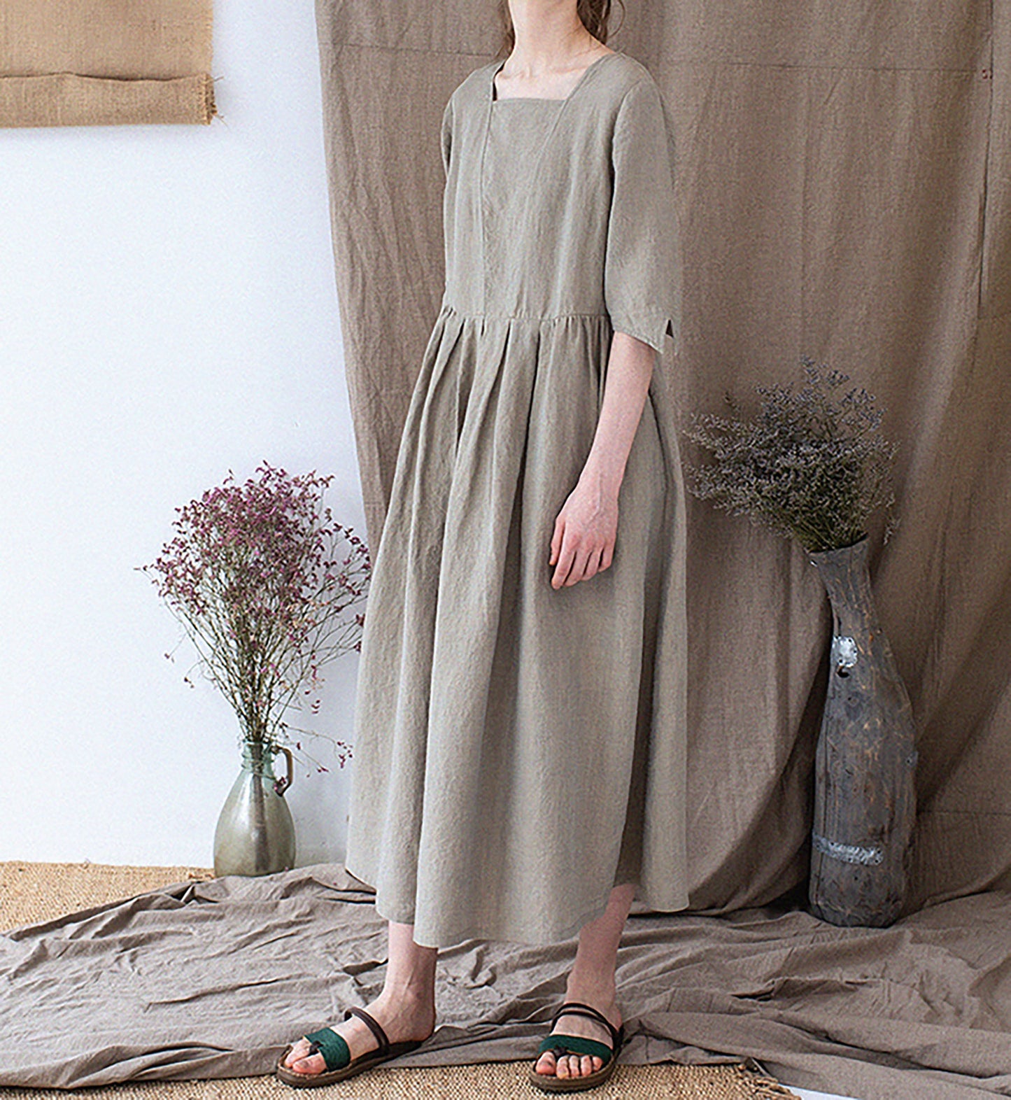 edoa Yarn dyed French Linen Square Neck Half Sleeve Dress