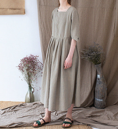 edoa Yarn dyed French Linen Square Neck Half Sleeve Dress