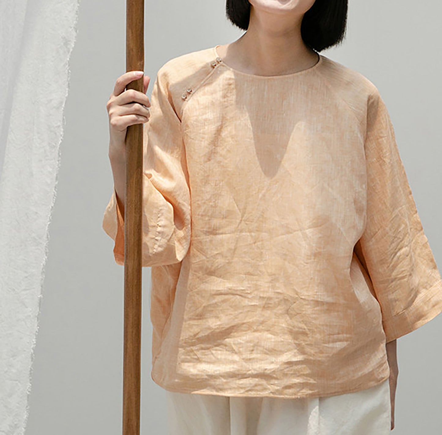 edoa  Loose Fit Yarn Dyed Linen Chinese T-shirt