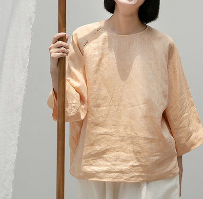 edoa  Loose Fit Yarn Dyed Linen Chinese T-shirt