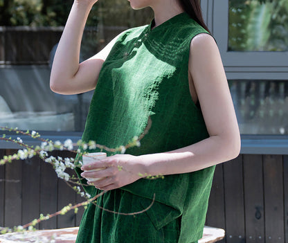edoa Emerald Green Crackle Mud Silk Sleeveless Qipao Top