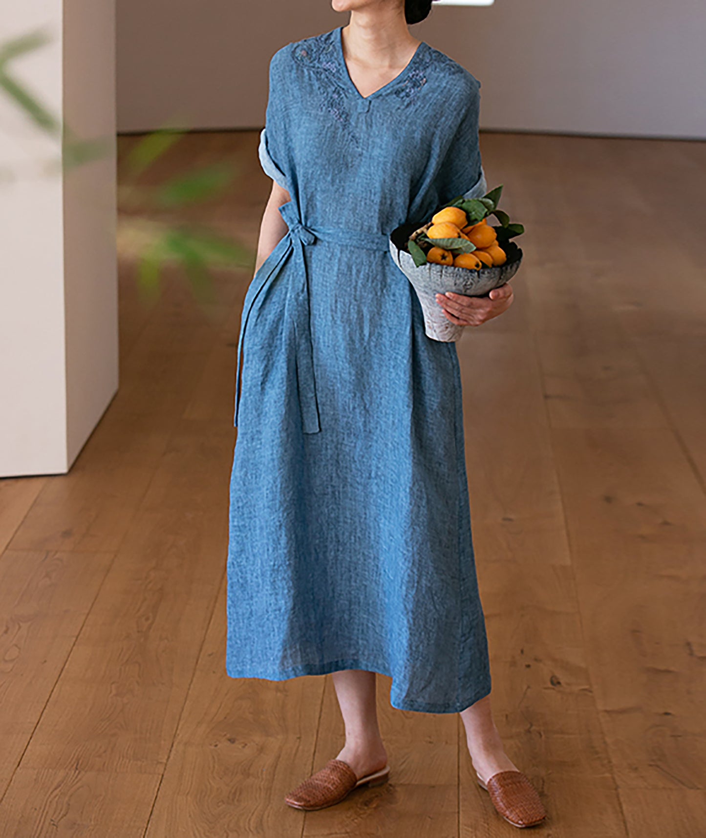 edoa Hand Embroidered Tie Dyed Ramie V-neck Kaftan Dress