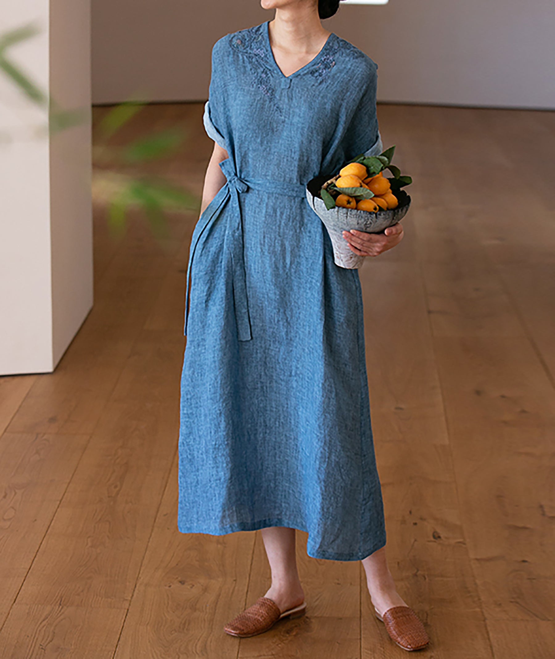 edoa Hand Embroidered Tie Dyed Ramie V-neck Kaftan Dress
