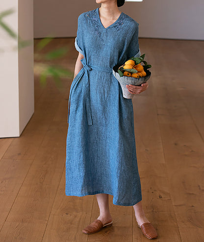 edoa Hand Embroidered Tie Dyed Ramie V-neck Kaftan Dress