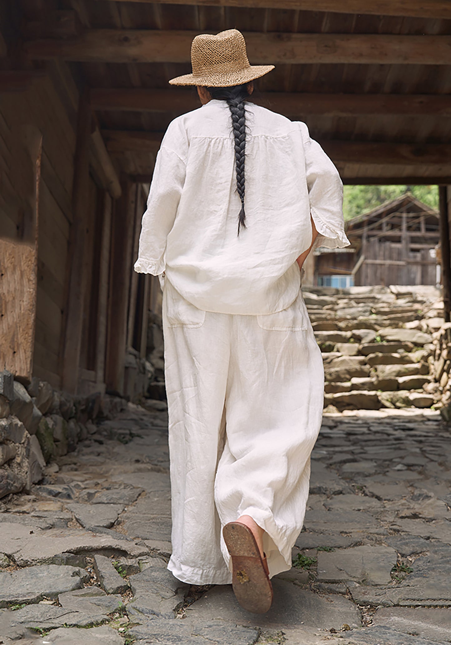 edoa White Linen Wide-leg Pants