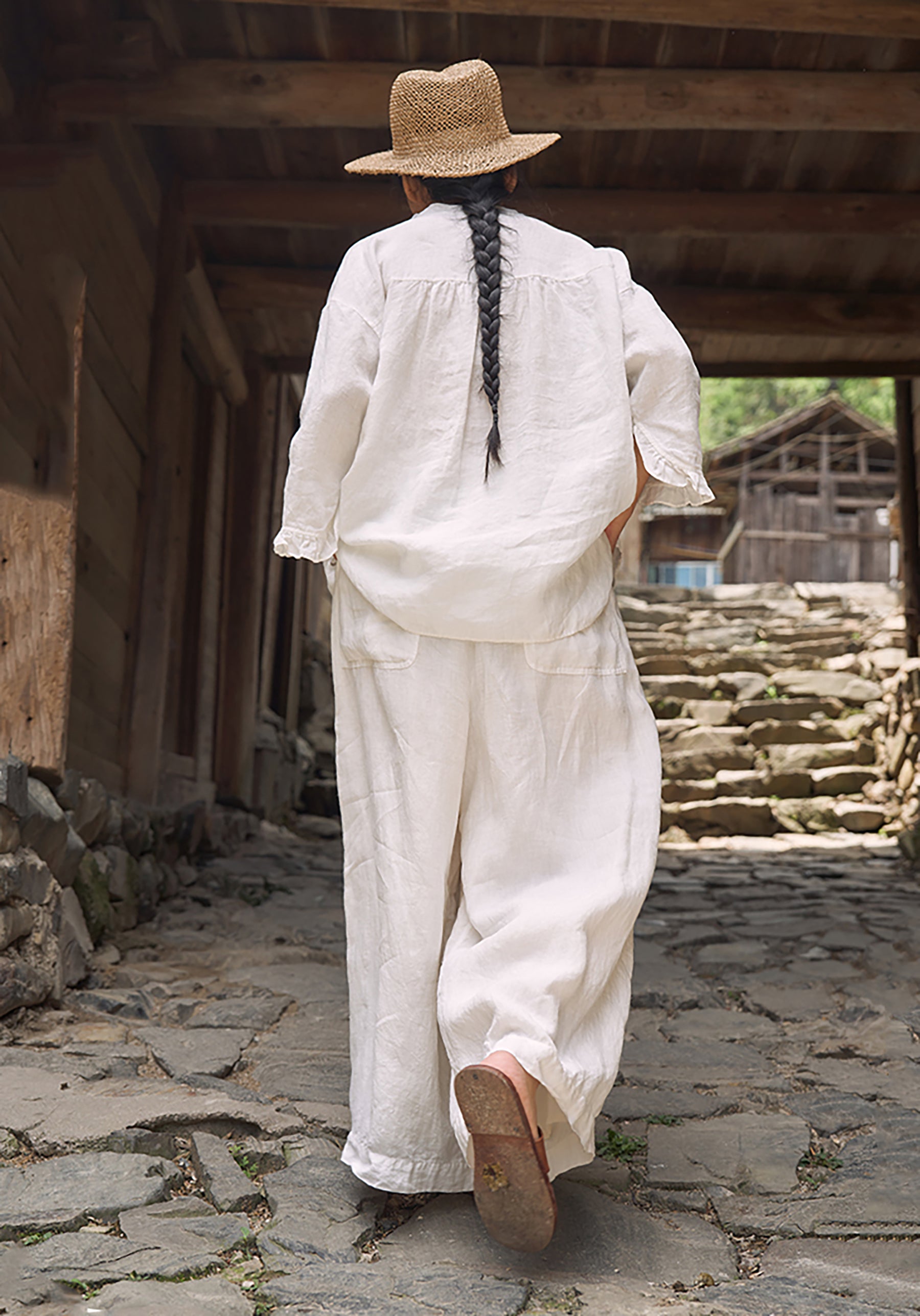 edoa White Linen Wide-leg Pants