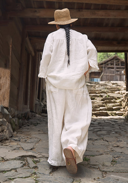 edoa White Linen Wide-leg Pants