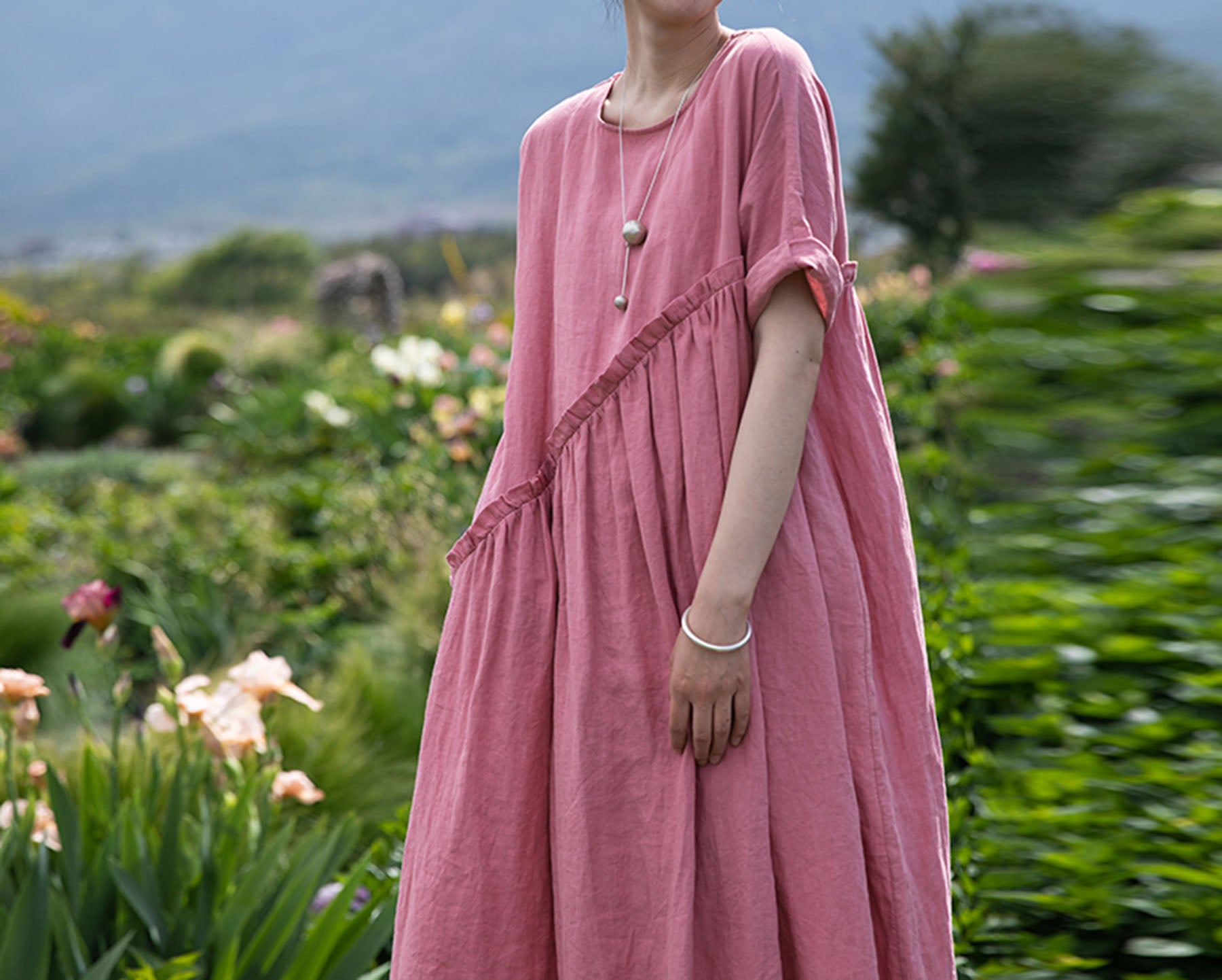 edoa High Waist Gathering Linen Maxi Dress