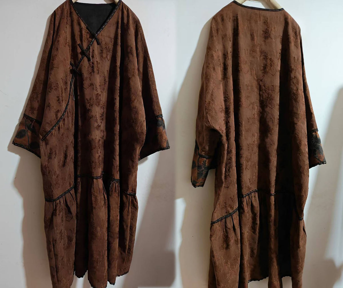 edoa Mud Dyed Silk Linen Blend Jacquard Ruffled Hem Qipao Dress
