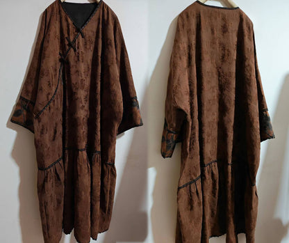 edoa Mud Dyed Silk Linen Blend Jacquard Ruffled Hem Qipao Dress