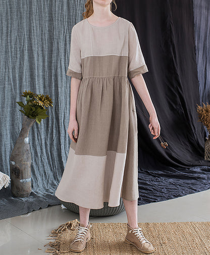 edoa Nordic Forest Series Linen Earth Tone Patchwork Half-Sleeve Dress