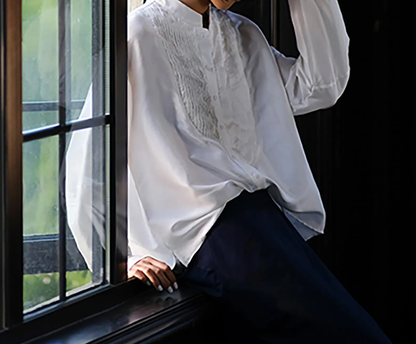 edoa White Dupioni Silk Asymmetric Pintuck Blouse